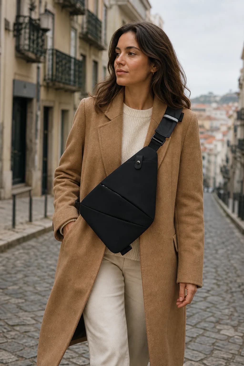 Woman wearing the black VAYRO Travel Sling over a camel coat in a European city