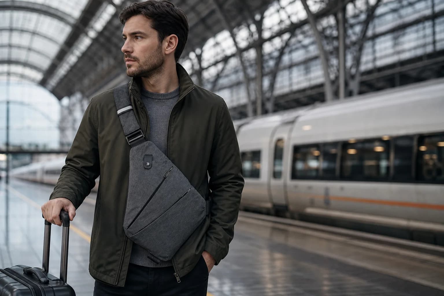 Traveler wearing the gray VAYRO Travel Sling at a train station
